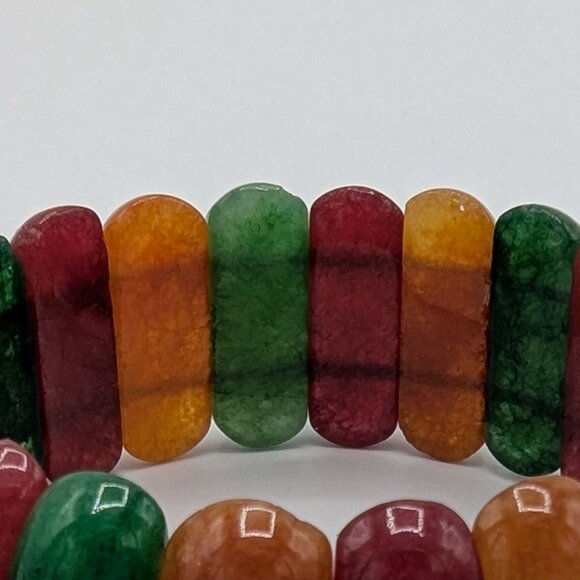 Multicolor Oval Natural Gemstone Stretch Bracelet Red Green Yellow Orange - Picture 8 of 16
